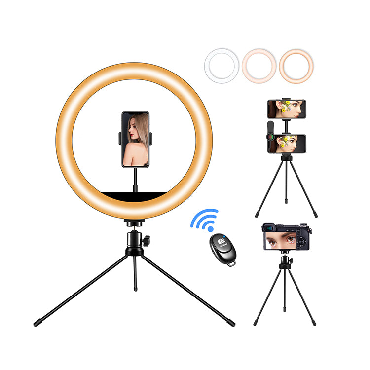 Selfie Ring mit Stativ | LED-Leuchte 26cm | 3 Lichtmodi (10-fach Dimmer) | Bluetooth Fernbedienung