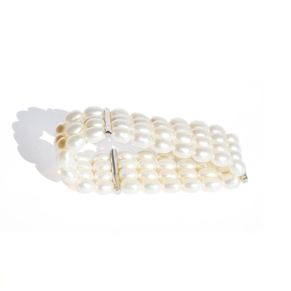 Süsswasser Perlen Armband 3-Reiher | Süsswasser Perle oval | 7 - 8 mm weiss | 3 Rang-Steg aus Silber rhodiniert 925 | 2,5 cm