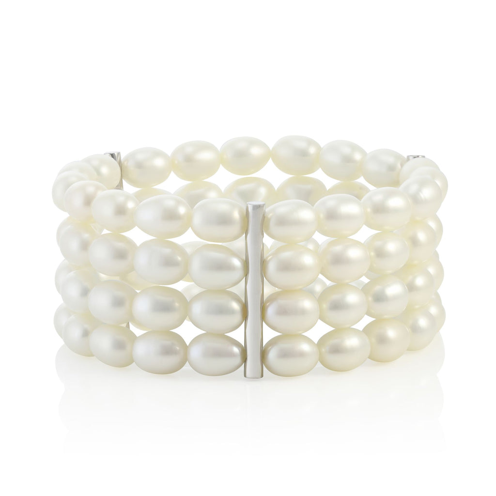 Süsswasser Perlen Armband 4-Reiher | Süsswasser Perle oval | 7 - 8 mm weiss | 4 Rang-Steg aus Silber rhodiniert 925 | 3,5 cm